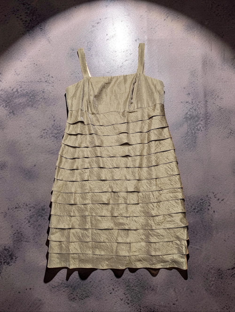 JESSICA HOWARD Gold Tiered Satin Strap Mini Dress. Size 16W.